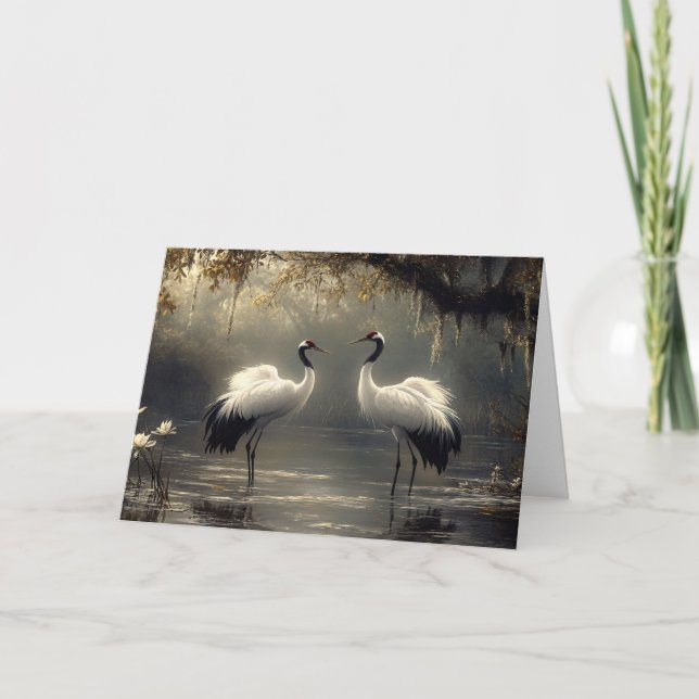 Crane Pair in a Misty Marsh Card (Front)