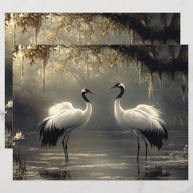 Crane Pair in a Misty Marsh Scrapbook Paper (Front/Back)