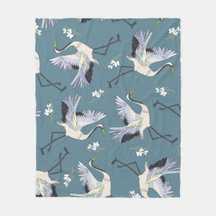Crane Pattern, Illustration Flying Bird. Fleece Blanket