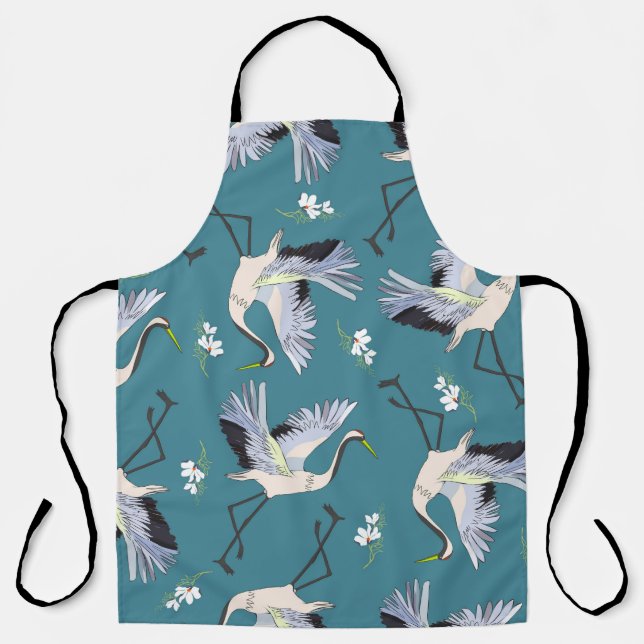 crane, pattern, illustration flying bird flower apron (Front)
