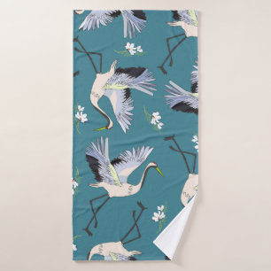 crane, pattern, illustration flying bird flower bath towel