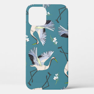 crane, pattern, illustration flying bird flower iPhone 12 case