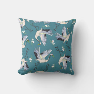crane, pattern, illustration flying bird flower cushion