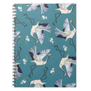 crane, pattern, illustration flying bird flower notebook