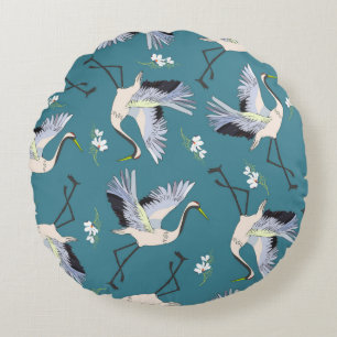crane, pattern, illustration flying bird flower round cushion