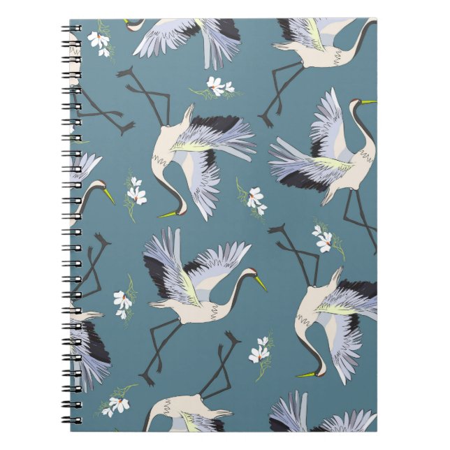 Crane Pattern, Illustration Flying Bird. Notebook (Front)