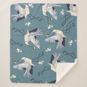Crane Pattern, Illustration Flying Bird. Sherpa Blanket