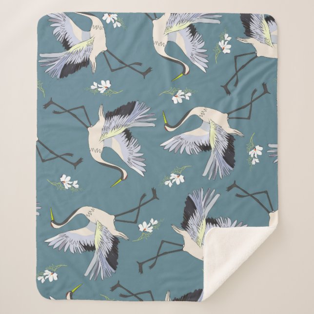 Crane Pattern, Illustration Flying Bird. Sherpa Blanket (Front)