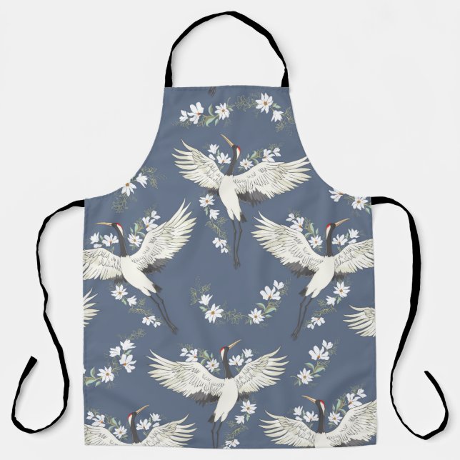 crane, pattern, vintage illustration flying bird f apron (Front)
