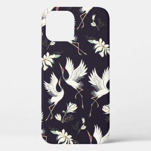 crane, pattern, vintage illustration flying bird f iPhone 12 case