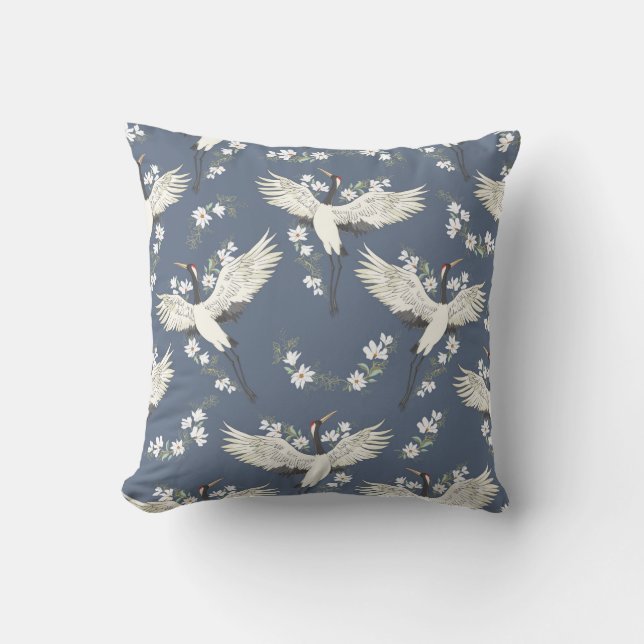 crane, pattern, vintage illustration flying bird f cushion (Front)