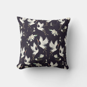 crane, pattern, vintage illustration flying bird f cushion