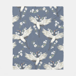 crane, pattern, vintage illustration flying bird f fleece blanket