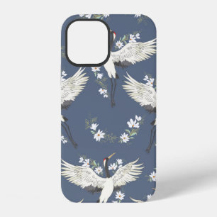 crane, pattern, vintage illustration flying bird f iPhone 12 case
