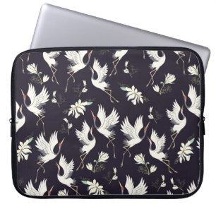 crane, pattern, vintage illustration flying bird f laptop sleeve