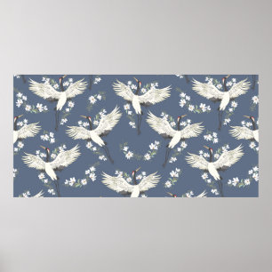 crane, pattern, vintage illustration flying bird f poster