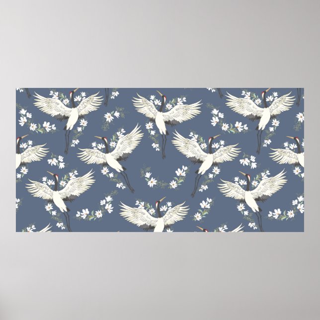 crane, pattern, vintage illustration flying bird f poster (Front)