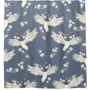 crane, pattern, vintage illustration flying bird f shower curtain