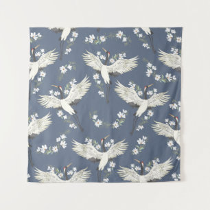 crane, pattern, vintage illustration flying bird f tapestry