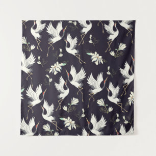 crane, pattern, vintage illustration flying bird f tapestry