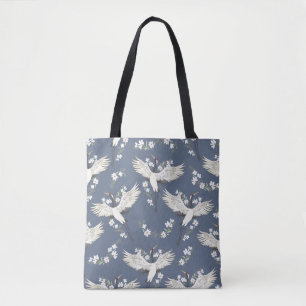 crane, pattern, vintage illustration flying bird f tote bag