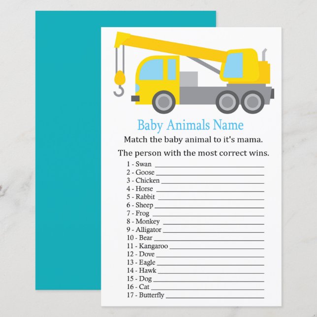 Crane Truck Baby Animals Name Game (Front/Back)