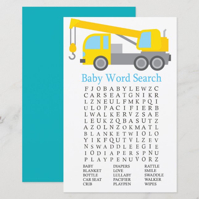 Crane Truck Baby Shower Word Search Game (Front/Back)