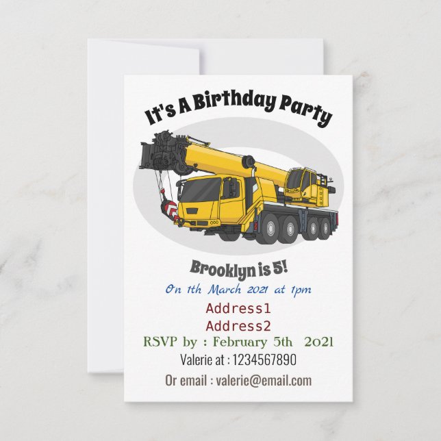 Crane truck cartoon illustration invitation (Front)