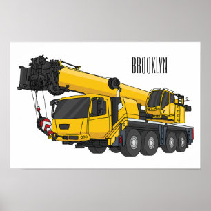 Crane truck cartoon illustration poster