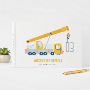 Crane Truck Construction Vehicle Kids Birthday Guest Book