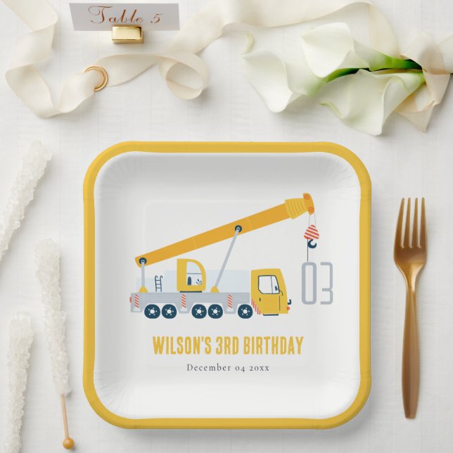 Crane Truck Construction Vehicle Kids Birthday Paper Plate (Wedding)