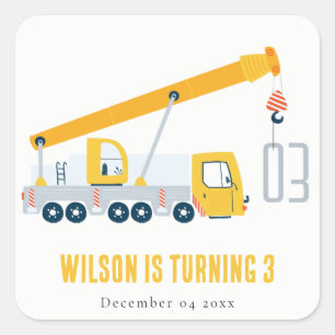 Crane Truck Construction Vehicle Kids Birthday Square Sticker