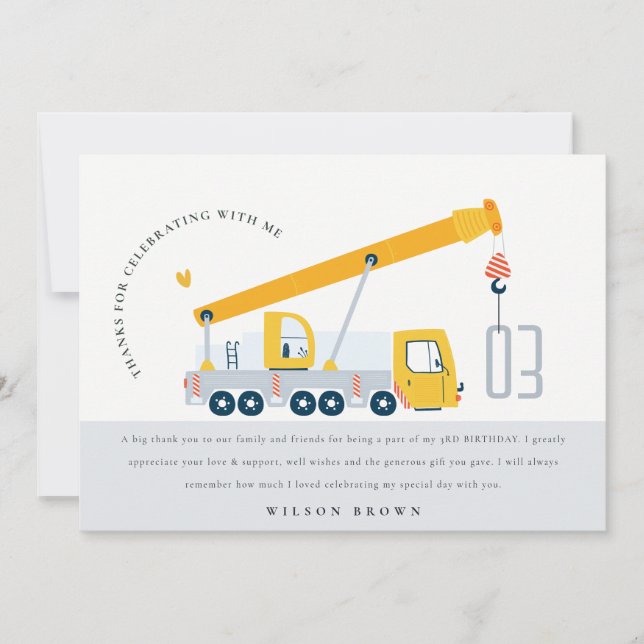 Crane Truck Construction Vehicle Kids Birthday Thank You Card (Front)