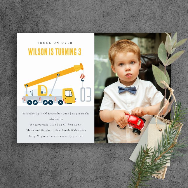 Crane Truck Construction Vehicle Photo Birthday Invitation (Creator Uploaded)