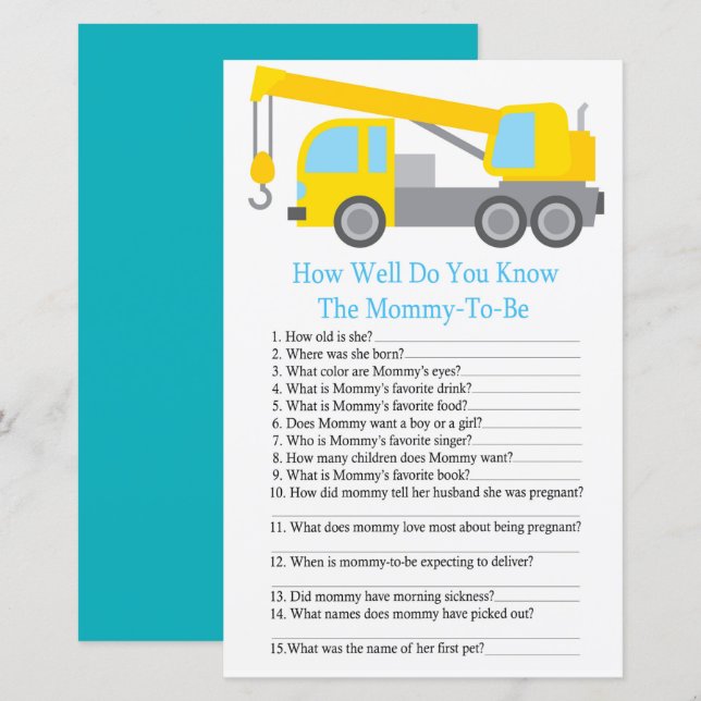 Crane Truck how well do you know baby shower game (Front/Back)