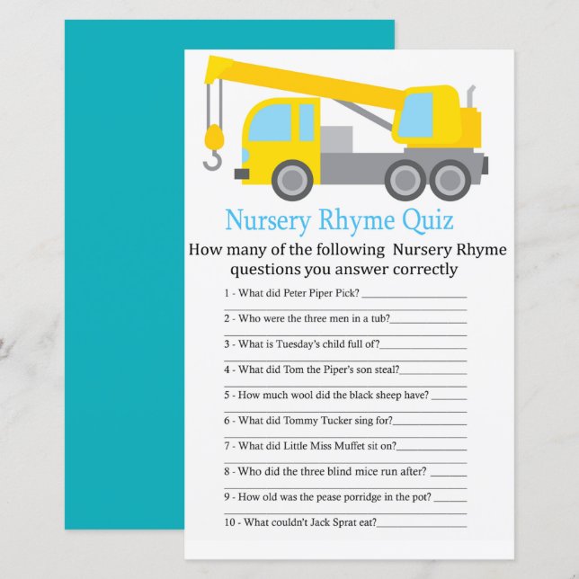 Crane Truck Nursery Rhyme Quiz baby shower game (Front/Back)