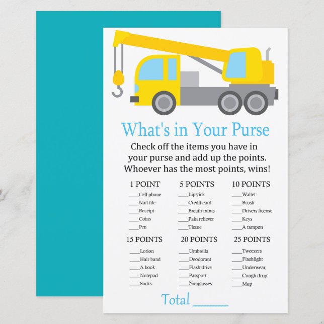 Crane Truck What's in your purse game baby shower (Front/Back)