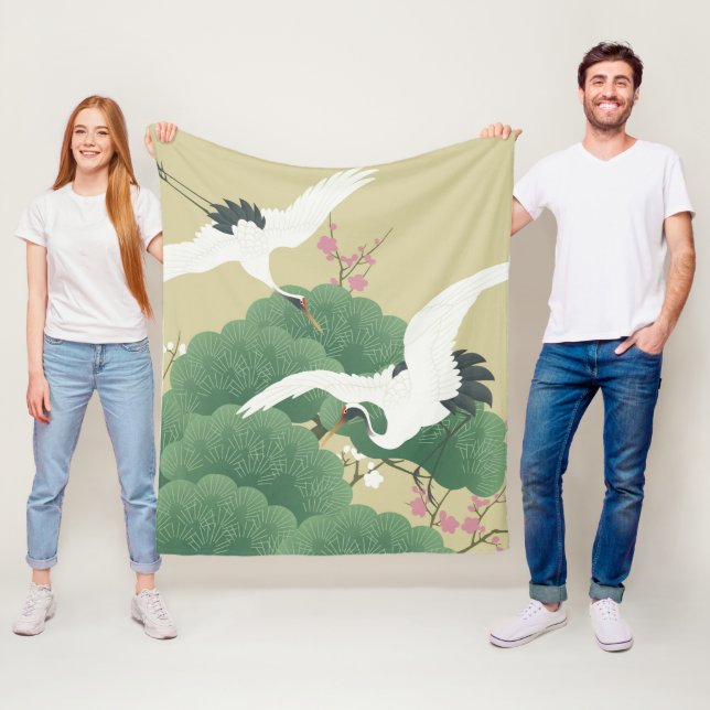 Crane with Pine Tree and Plum Blossom Fleece Blanket (In Situ)