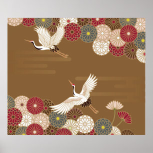 Cranes and chrysanthemums Japanese traditional pat Poster