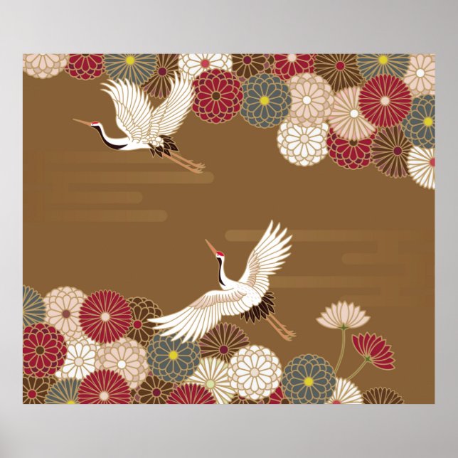 Cranes and chrysanthemums Japanese traditional pat Poster (Front)