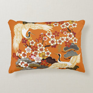 CRANES AND COLOR SAKURA. Colorful floral seamless Decorative Cushion