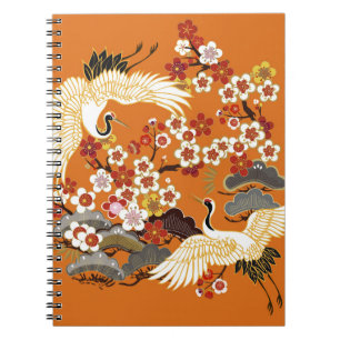 CRANES AND COLOR SAKURA. Colourful floral seamless Notebook