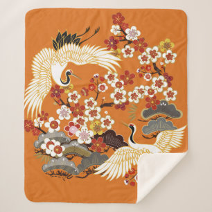 CRANES AND COLOR SAKURA. Colourful floral seamless Sherpa Blanket