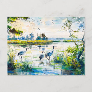 Cranes by the River Havelland Watercolor Style Postcard
