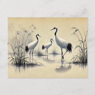 Cranes Foraging in Shallow Water Chinese Ink Paint Postcard
