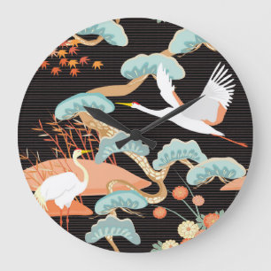 Cranes, herons: Japanese bird pattern. Large Clock
