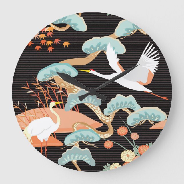 Cranes, herons: Japanese bird pattern. Large Clock (Front)