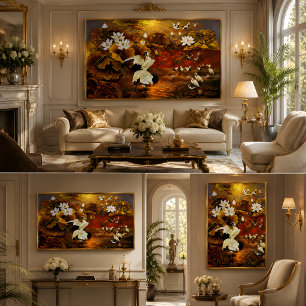Cranes Homecoming Golden Lotus Oil Painting Poster