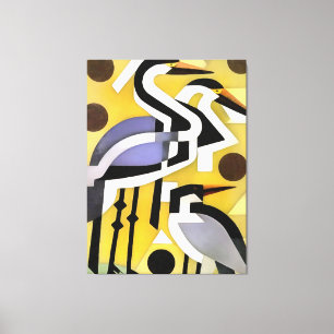 Cranes In Geometric Abstract Art Style On Yellow Canvas Print