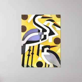 Cranes In Geometric Abstract Art Style On Yellow Canvas Print